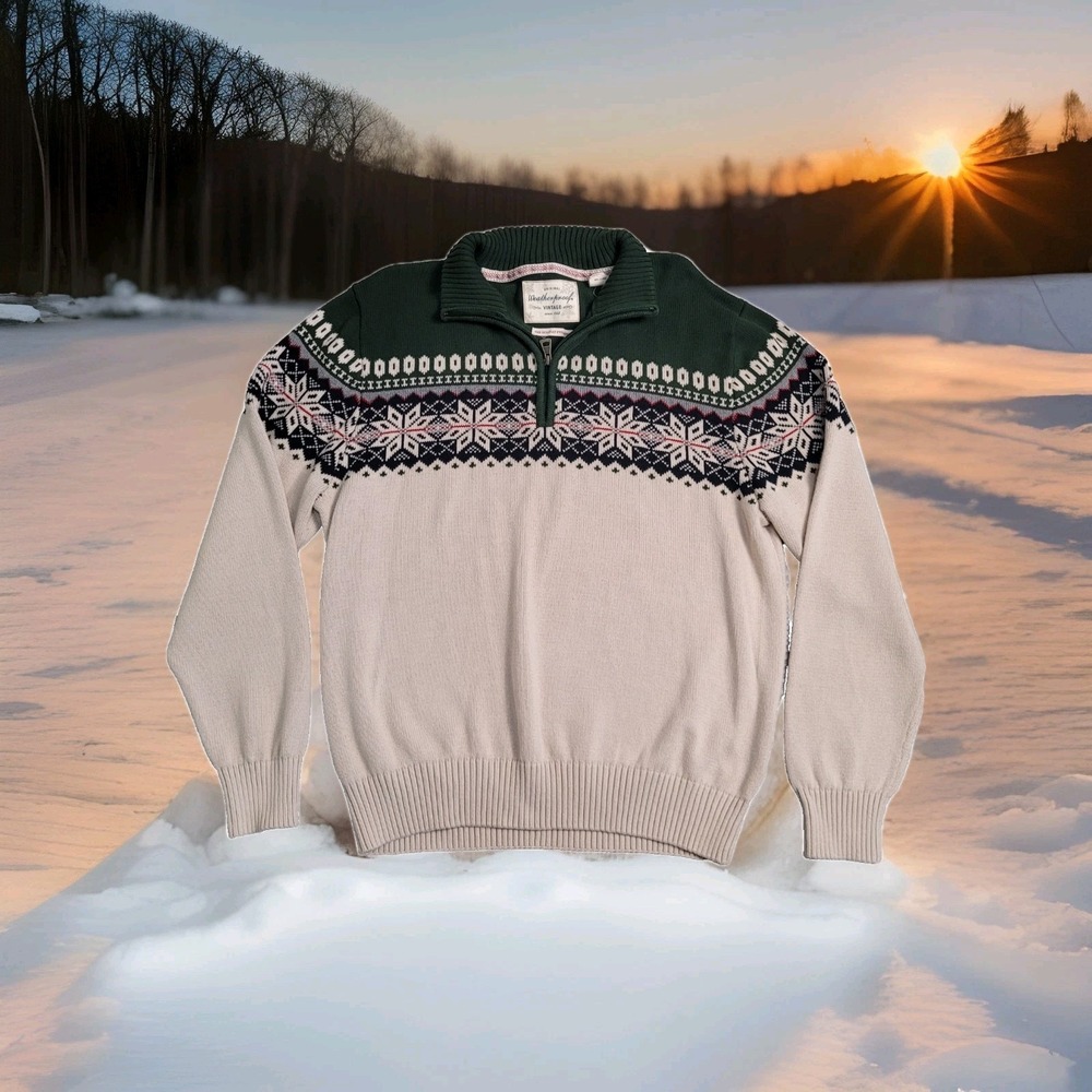 ❄️Weatherproof Vintage Unisex L‎ Fair Isle 1/4 Zip Holiday Cotton Sweater Nordic